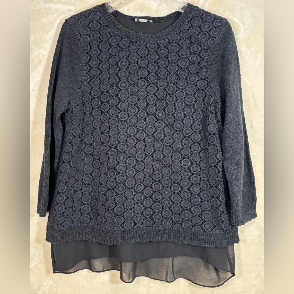 Lucky Brand Women’s Navy Textured Knit Layered Hem Top Size M
